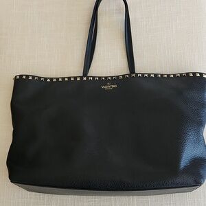 Valentino Black Leather Rockstud Tote with Gold Hardware